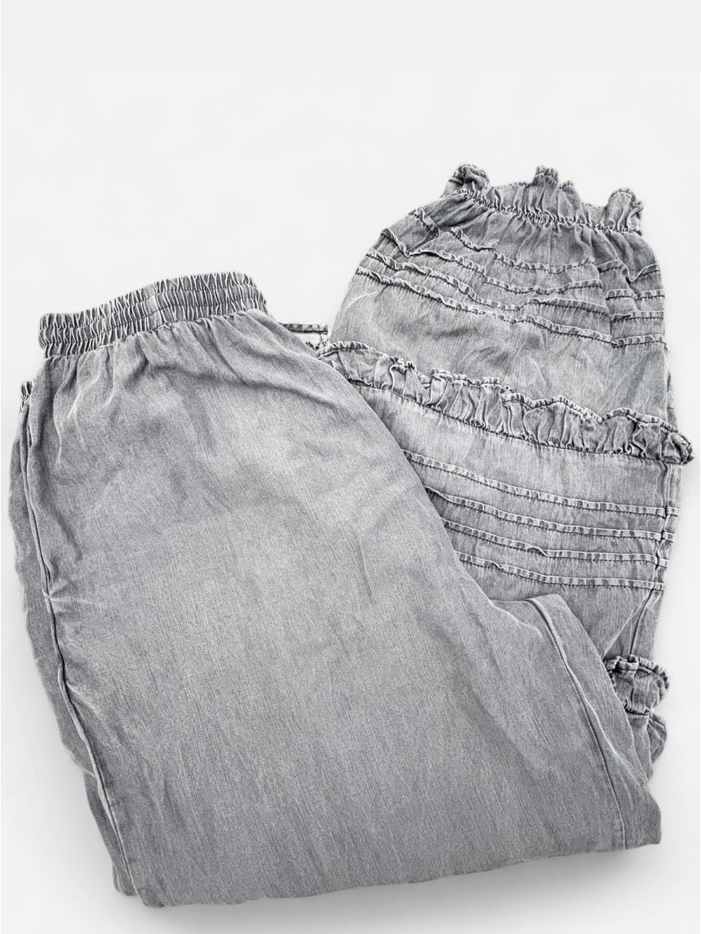 Ruffle-Trim Light Gray Elastic-Waist Joggers